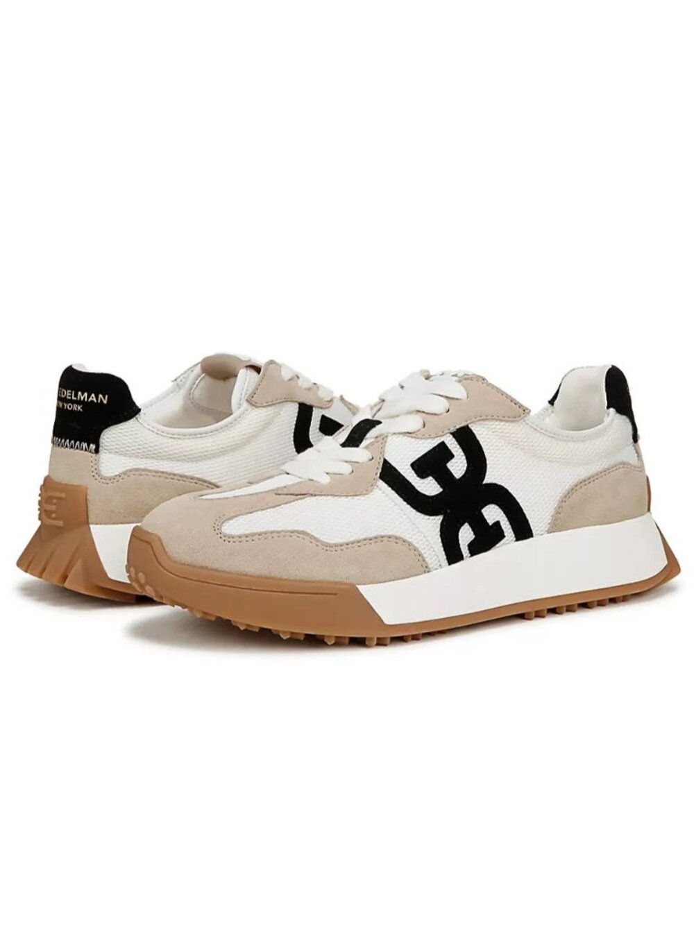 Sam Edelman White Beige Black Logo Runner Sneakers with Gum Sole